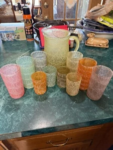 VTG MCM Glass Spaghetti String Bar Set Pitcher 6 Tall Glasses 4 Tumblers - Picture 1 of 16
