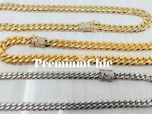 Mens Miami Cuban Link Chain Necklace w CZ Clasp 18k Gold Plated Stainless Steel