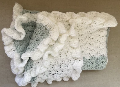 Hand Crocheted Baby Afghan Blanket 38 x 34  Boy or Girl Unisex Mint Green/White - Image 1 of 4