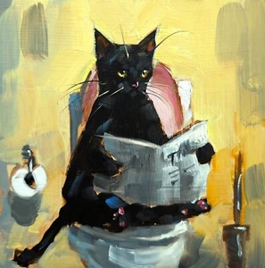 Periódico de lectura de gato negro pintura al óleo original divertido baño 6x6" arte de regalo - Imagen 1 de 4