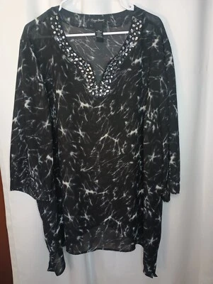 Top túnica Maggie Barnes 3X cuello con cuentas de gasa negro transparente asimétrico artístico Foto 1 de 4