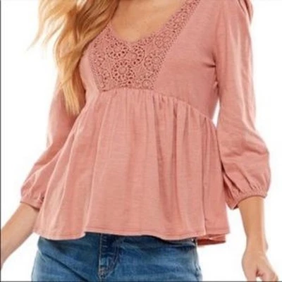 Blusa campesina Derek Heart para mujer tejida con ribete de encaje manga larga granate grande nueva con etiquetas Foto 1 de 4