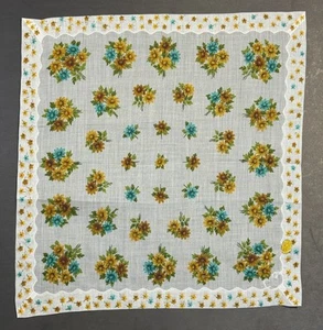 Vintage White Decorative Edge Border Floral Bouquet Blue Tan Hankie - Picture 1 of 7