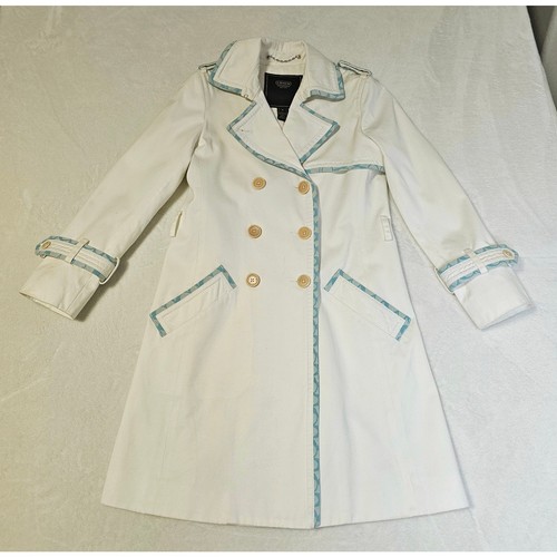Trench coat Coach Leather Est 1941. Taglia 2. Bordo bianco blu. "NO CINTURA". Lunghezza ginocchio