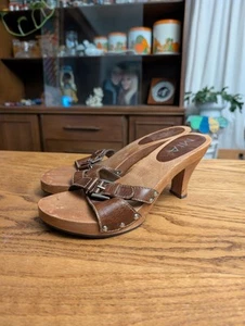 MIA 8M Brown Slides Wood Heels Chunky 90s Y2K Studs Sandals Buckles - Picture 1 of 8