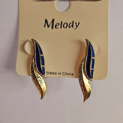 Earrings Stud Dangle Feather Leaf Shape Orange Blue Tone 1.38" Drop  - Image 1 of 4