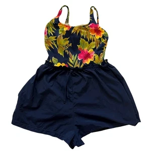 Vintage Einteiler Badeanzug Gr. 16 A&H Sportswear Playsuit Shorts Floral Navy - Bild 1 von 3