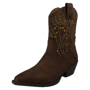 LADIES SPOT ON F5R1257 BROWN MICROFIBRE COW BOY BOOTS - Picture 1 of 9