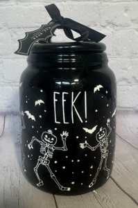 Rae Dunn Halloween Black Canister Dancing Skeletons EEK! Jar With Lid NEW - Picture 1 of 6