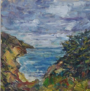 Kunst Original Ölgemälde RM Mortensen "Windgepeitscht" Küste Meer Klippen Ozean Strand - Bild 1 von 1