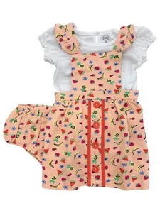 Infant Girls Pink Fruit Strawberry Button Pinafore White Shirt Outfit Set - Picture 1 of 2