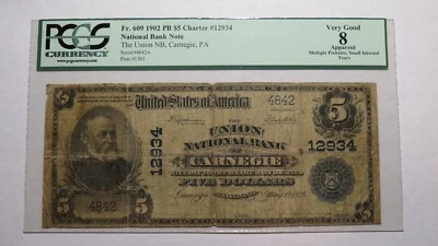 $5 1902 Carnegie Pennsylvania PA National Currency Bank Note Bill Ch #12934 PCGS - Image 1 of 4