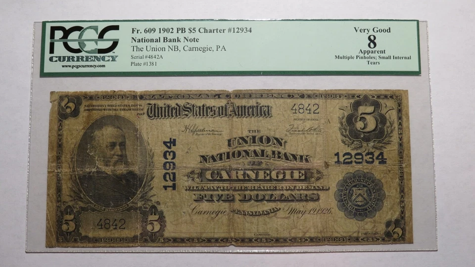 $5 1902 Carnegie Pennsylvania PA National Currency Bank Note Bill Ch #12934 PCGS - Image 1 of 4
