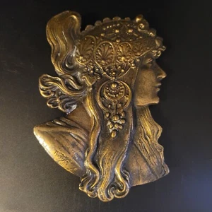 Hebilla de cinturón vintage 1970 Alphonse Mucha Bergamota Latón Works Gitano Boho - Imagen 1 de 8