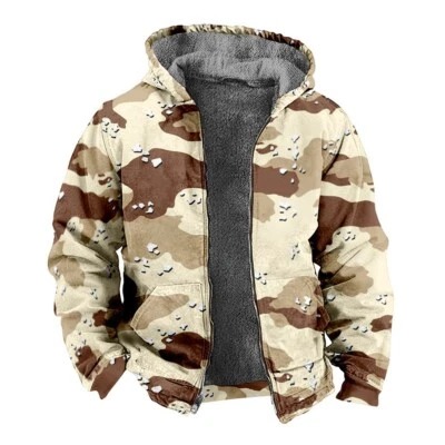 Mens Beige Camouflage Fleece Lined Hoodie Sweater Camo Winter Zip Jacket - Image 1 of 4