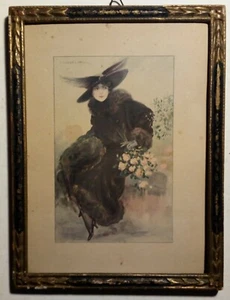 Cromolitografia Dama Liberty di T. Corbelli 1890 ca. con cornice (P552) - Imagen 1 de 1