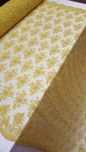 Fabric By The Yard Yellow Beaded Lace Floral Flowers Embroidered Prom Dress - Picture 1 of 11