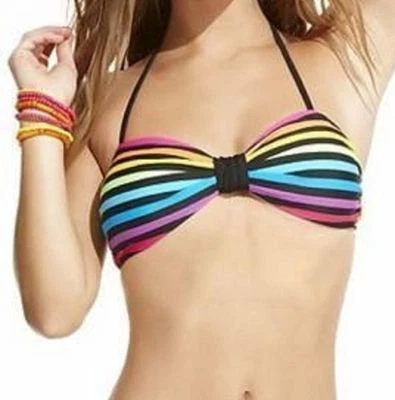 California Waves Striped Halter Bikini Top Sz M Multi Color Swimwear (K7) - Image 1 of 3