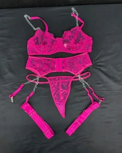 Sexy Unlined Underwire Garter Belt Lingerie Sheer Bra & Thong Set M Hot Pink - Picture 1 of 11