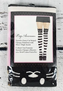 Leg Avenue Spandex Fancy Cat Stripped Opaque Pantyhose with Sheer Thigh Accent - Picture 1 of 4