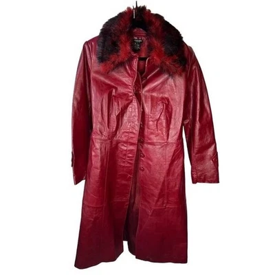 Jane Doe Women's Oxblood Leather Overcoat L Detachable Fox Collar - Image 1 of 4