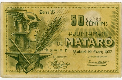 ☆ SPAIN CIVIL WAR 1937 • MATARO 50 cts. MUNICIPAL ☆ GUERRA CIVIL ESPAÑOLA ☆D1558 - Image 1 of 2