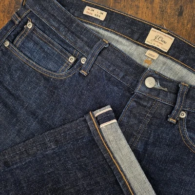 Pantalones de mezclilla J Crew con ribete para hombre 34x34 ajustados cónicos 484 100 % algodón oscuro preppy hiedra Foto 1 de 4