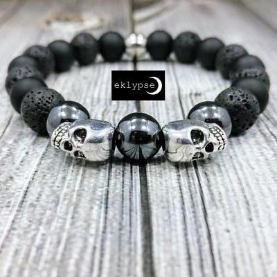 10mm Onyx+Hematite+Lava Gemstone Beaded Silver Skulls Unisex Bracelet by eklypse - Image 1 of 4