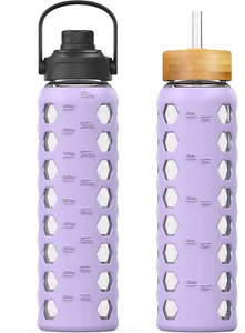 1(One)32oz Glass Water Bottle - 2 Lids - Spout Lid & Bamboo Straw Lid Motivation - Picture 1 of 3