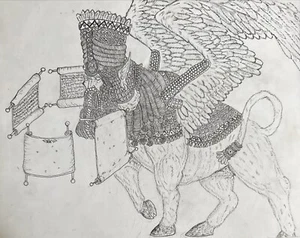 PRICE FLEXIBLE Assyrian Human Headed Lion “Lamassu” Ink Drawing One Of One - Picture 1 of 3