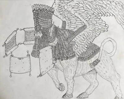PRICE FLEXIBLE Assyrian Human Headed Lion “Lamassu” Ink Drawing One Of One - Image 1 of 3