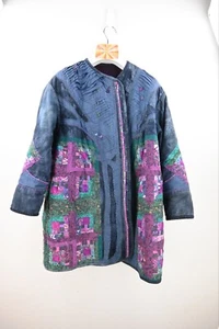 Vintage hand quilted cotton jacket in ink, fuchsia & Jade OSFM - Picture 1 of 13
