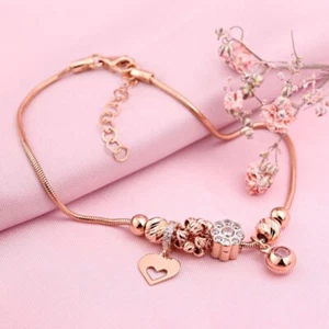 Rotgold Armband CZ Anhaengers und Kugeln Rose Gold 585/14 kt 18-20 cm Neu - Bild 1 von 2