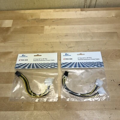 Kingwin PCI-03 8” Dual 4Pin Molex(M) to 6Pin (F) PC-E Extension Power Cable 2-PK - Image 1 of 4