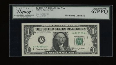DBR 1963-A $1 FRN Boston STAR SupGem Fr. 1901-A* Legacy 67 PPQ Serial A09285098* - Image 1 of 2