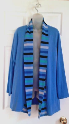 Cárdigan abierto Bob Mackie 1X cuello chal a rayas azul algodón acrílico Foto 1 de 3