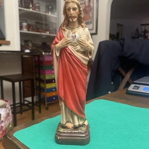 Vintage Sacred Heart Of Jesus 9”Chalkware Statue Figure Made In Italy (Chippy) - Picture 1 of 24