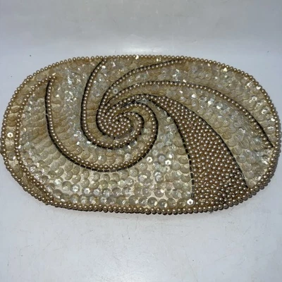 Cartera clutch vintage años 50, La Regale, Japón, lentejuelas marfil y perlas con cremallera Foto 1 de 4