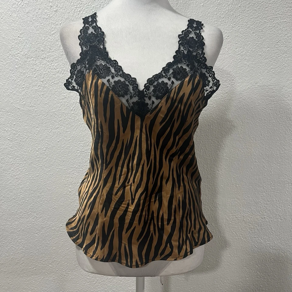 Vintage silk Leopard Print Lace Trim Silk Cami Top Small Silkscreen Sleeveless M - Image 1 of 4