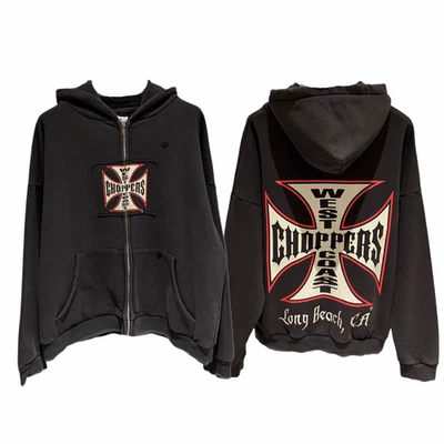 Sudadera con capucha West Coast Choppers parcheada lavada con cremallera para hombre negra algodón pesado Foto 1 de 4