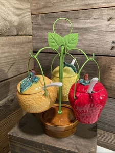 Juego de frascos de condimentos en forma de fruta de Japón de colección cucharas y soporte naranja limón fresa - Imagen 1 de 8