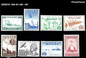 GRECIA 1946 SC 490-497 1946-1947 EMISSIONE FRANCOBOLLO VITTORIA MLH* (1 USATO*) OG F/VF - Foto 1 di 2
