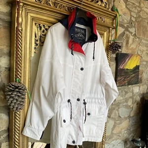 PACIFIC TRAIL JACKET HOOD OUTWEAR WINDBREAKER ~ WHITE / RED / BLUE SIZE PETITE L - Picture 1 of 22