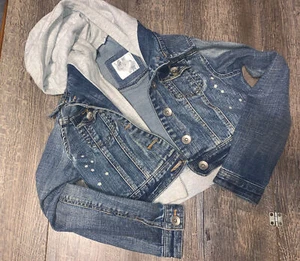 Justice 80’s style girls sz 12 sweatshirt bleached crop jean jacket hoodie guc  - Picture 1 of 4