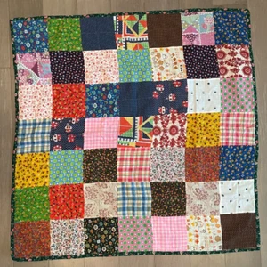 Vtg Quilted Lap Blanket Floral Mushroom Houses Plaid Polka Dots 38"x38" Retro - Picture 1 of 7