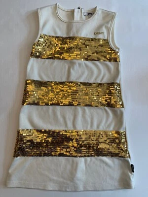 DKNY Girls Gold Sequin White Sleeveless Party Holiday Dress Size 6 EUC - Image 1 of 4