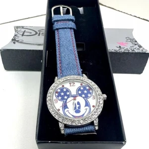 Disney Accutime Mickey Mouse Watch Red White Blue Denim Strap 4th of July - Picture 1 of 8