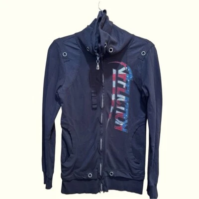 Affliction Womens Size S Skull Shimmer Red White Blue With Black Zip Up Jacket - Image 1 of 4