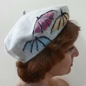 Umbrellas, Light Grey Hand Felted 100% Wool French Beret, soft, warm, unique - Picture 1 of 5