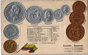 Vecchia cartolina numismatica monete d'epoca dall'Ecuador (1103) - Foto 1 di 2